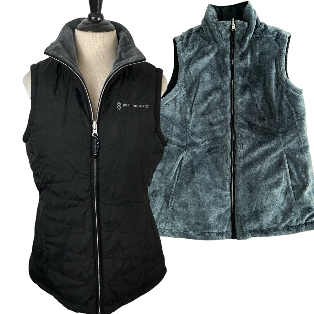 FREE COUNTRY Fur Fleece Lined VEST S REVERSIBLE Black Gray Puffer Zip Insulated